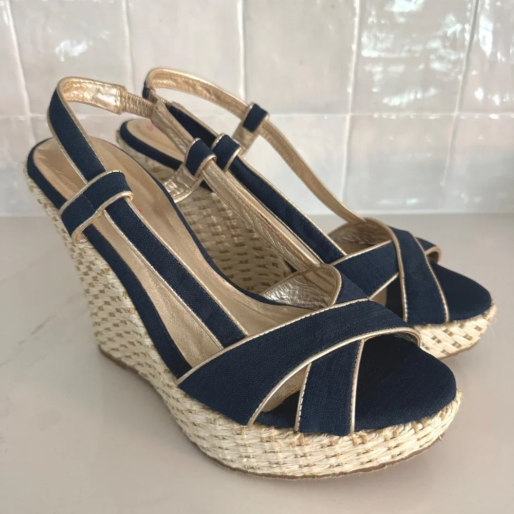 Lilly Pulitzer Ashley Wedge Sandal Women 9 Navy Gold Espadrille Platform Canvas